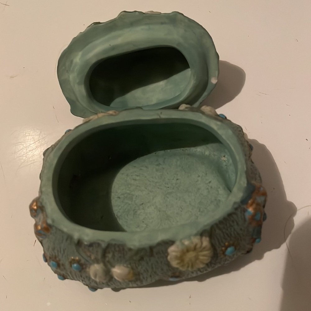 Vintage 1970s trinket box lid purse floral ceramic case blue turquoise organizer - Picture 5 of 6